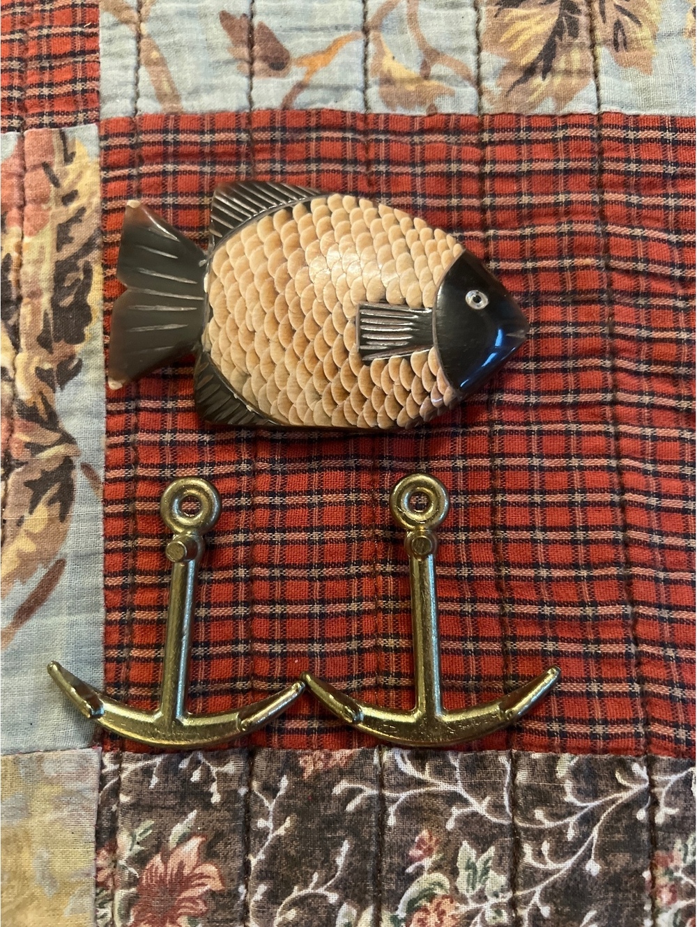 Vintage Fish Shaped Wall Hook with Brass Anchor Hooks